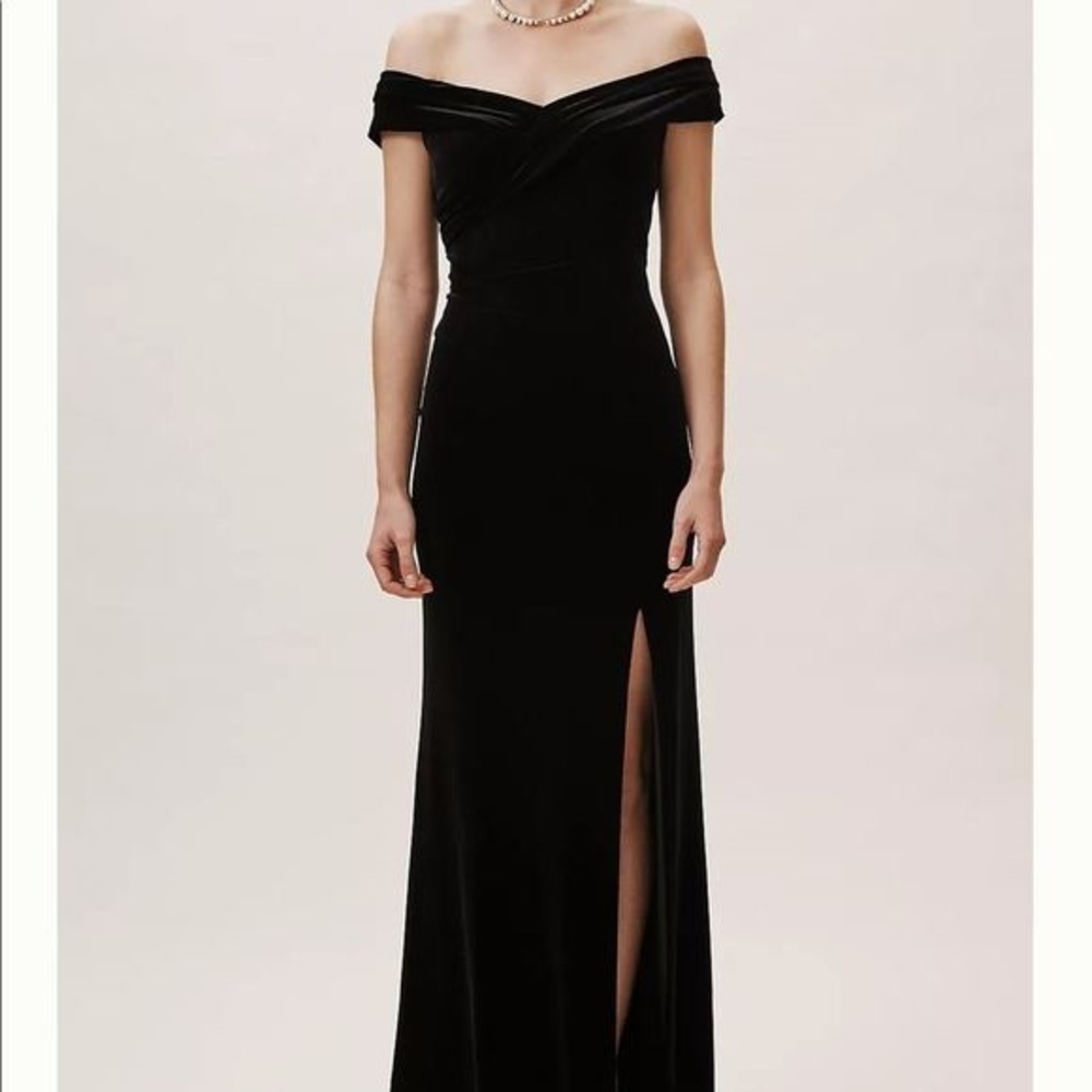 BHLDN Aidan Mattox Black Velvet Off Shoulder Gown